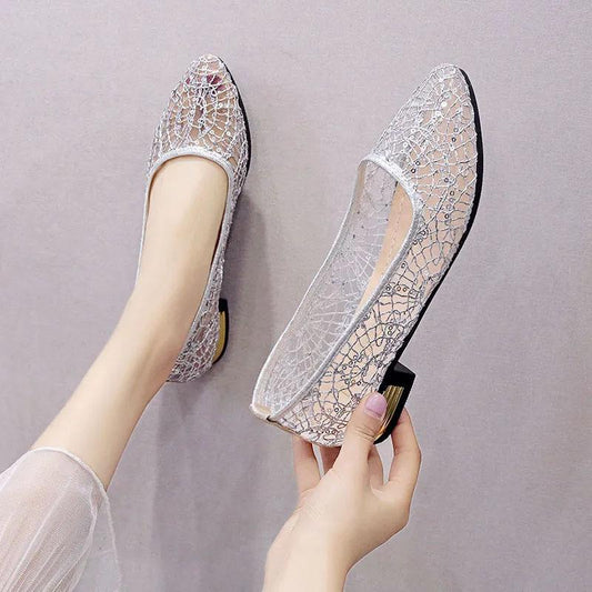 Summer Thick Heel Sandals Women Mesh Hollow Out Pointed Single Shoes Korean All-match Medium Heel Work Sandals Comfortable Breathable Sandals