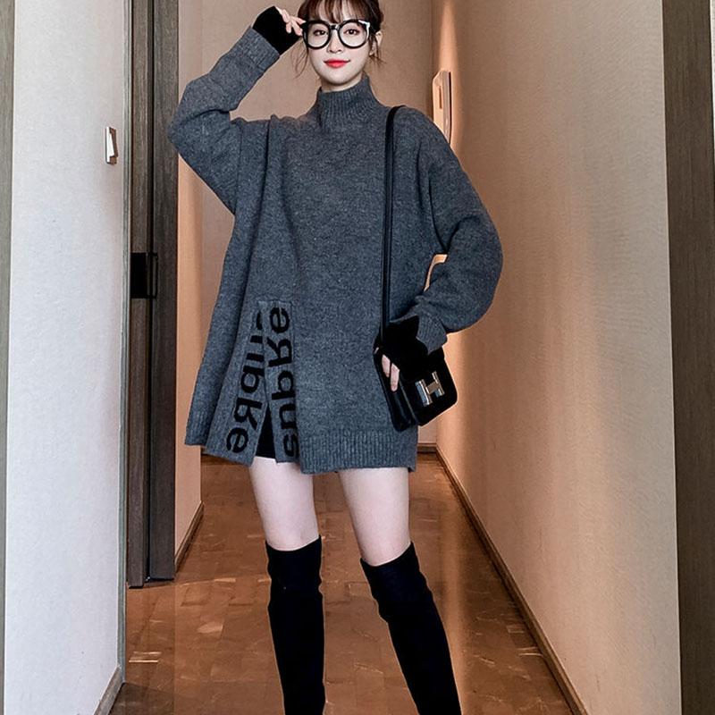 Autumn and Winter Half High Neck Mid-length Sweater Loose Casual Pullover Top Fashion Knitted Women Sweater