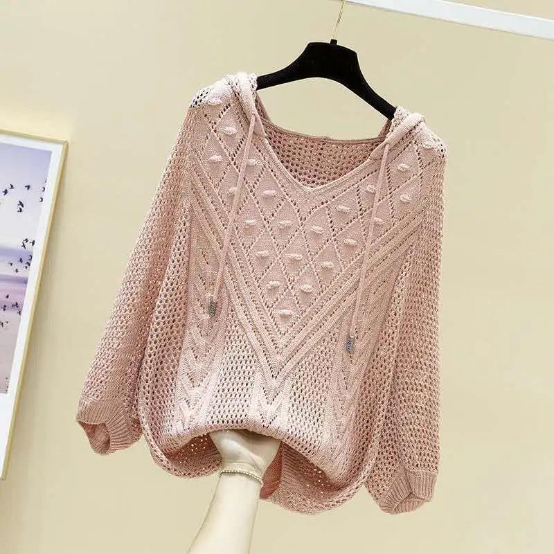 Women's Hollow Knitted Sweater Mid-sleeve Thin Loose Blouse Top Spring and Autumn Girls