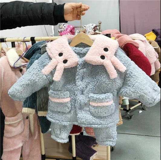 Lamb Fleece Winter Children's Flannel Pajamas Cotton Jacket Thickened Warmth Middle and Old Children and Girls Coral Fleece Home Service Suit