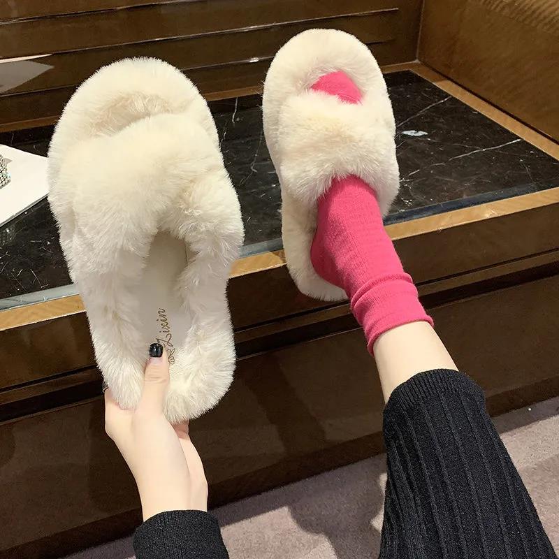 Hairy Slippers Women's Flat-bottom Non-slip Slip-on Slippers Outer Wear Thick-soled Cotton Slippers Home Warm Cotton Slippers