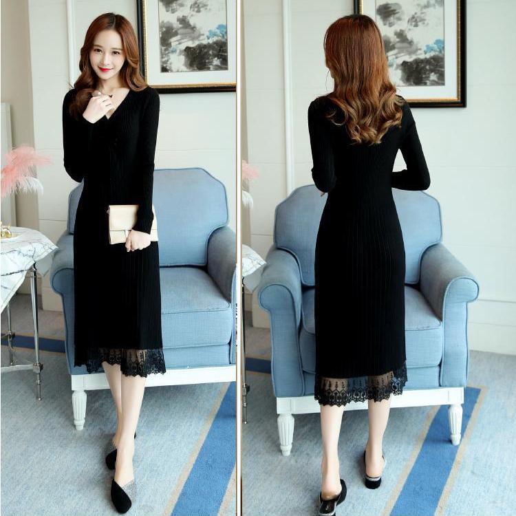 Fashion Padded V-neck Ladies Dress Mid-length Over-the-knee Bag Hip Skirt Bottoming Knit Sweater Skirt