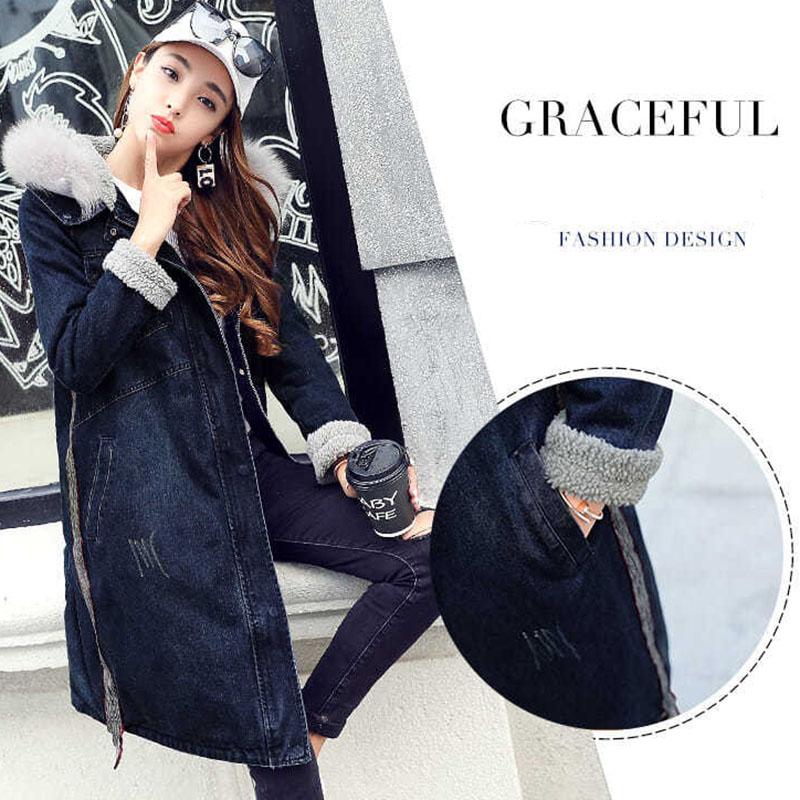 Winter Coat Women's Mid-length Korean Style Loose Thick Plus Cashmere Lamb Wool Cotton Coat Denim Jacket Cotton Jacket