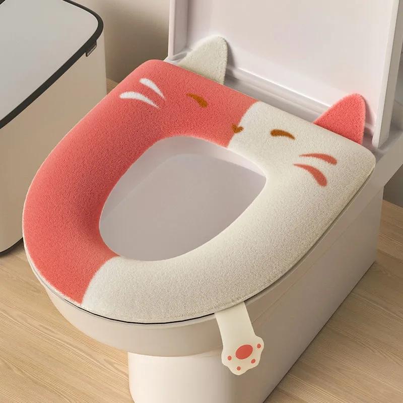 Cartoon Cat Cute Toilet Seat Mats Winter Warm Toilet Seat Covers Washable Toilet Seat Cushion Bathroom Lavatory Mat with Handle Pink Grey