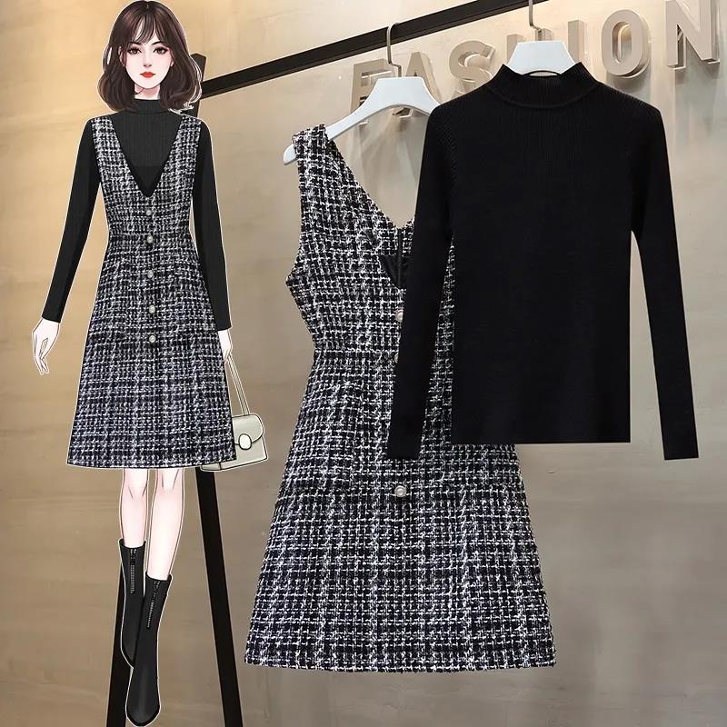 Knit Sweater Small Fragrant Wind Woolen Mid-length Vest Dress Suit Ladies A-line Waist Sweater Dress Warm and Comfortable