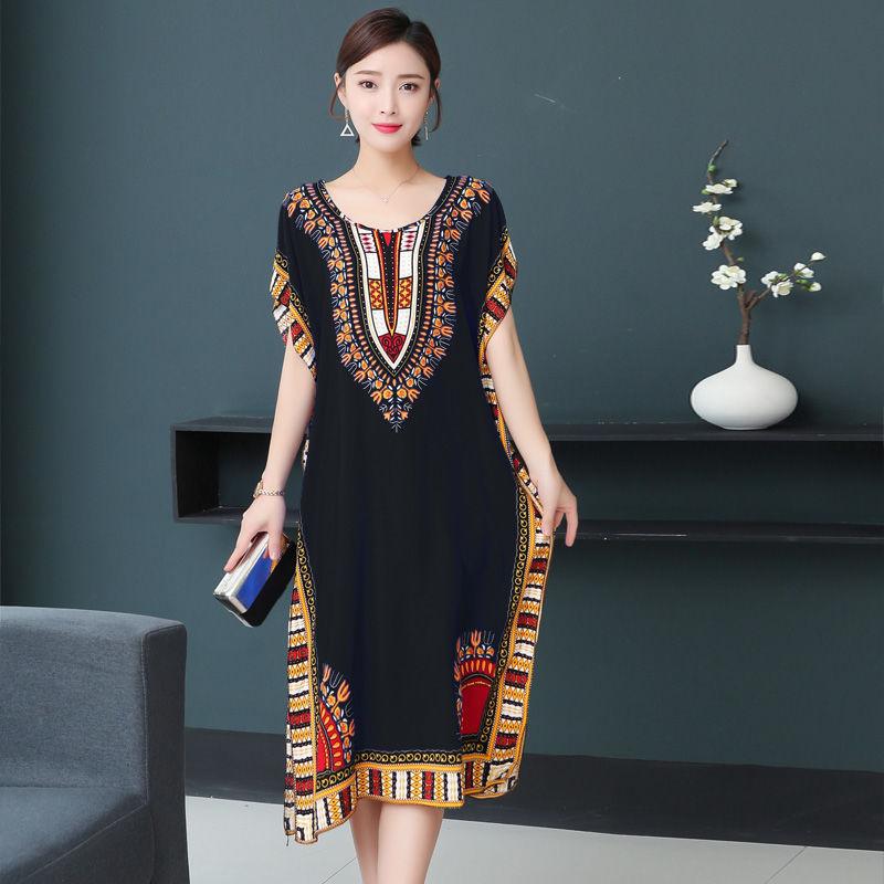 Women Summer Vintage High Waist Short Sleeve Mid-length Dress Elegant Loose Round Collar Print Casual Dress