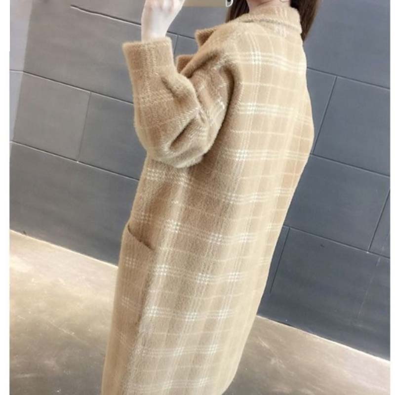 Spring and Autumn Mid-length Plaid Imitation Mink Velvet Coat Women Loose Thick Knit Sweater Coat Women