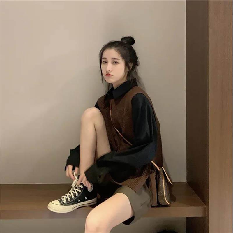 College Style Spring and Autumn Sweater Vest Female Round Neck Korean Version Loose Wild Thin Student Knit Sweater Vest Trend