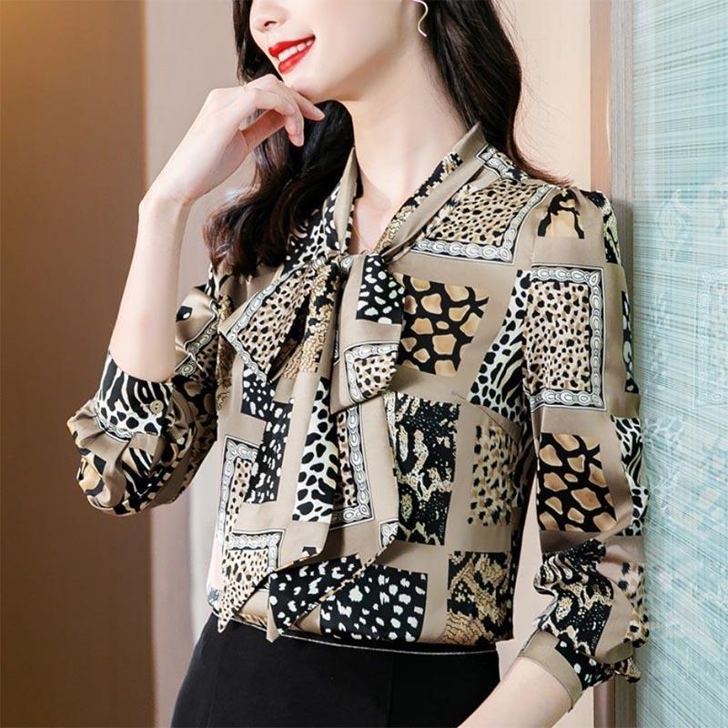 Chiffon Print Shirt Women's Light Ripe Bow Top All-match Commuter Long Sleeve