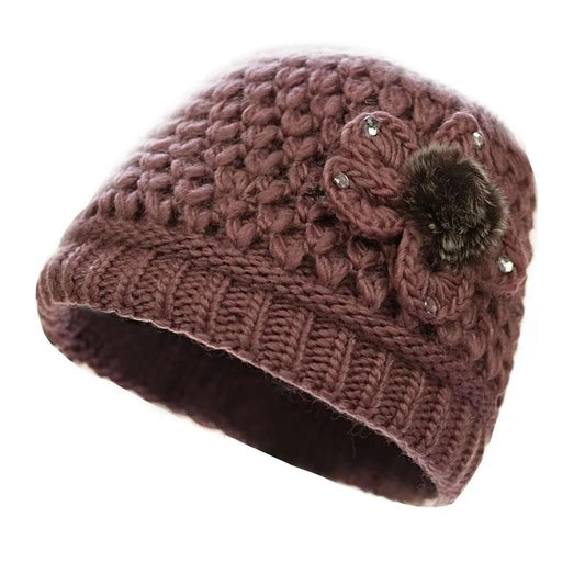 Women's Autumn and Winter Vintage Hat Mother Knitting Wool Thickening Plus Velvet Padded Warm Hat Handmade Knitted Floral Retro Cold-resistant Cap