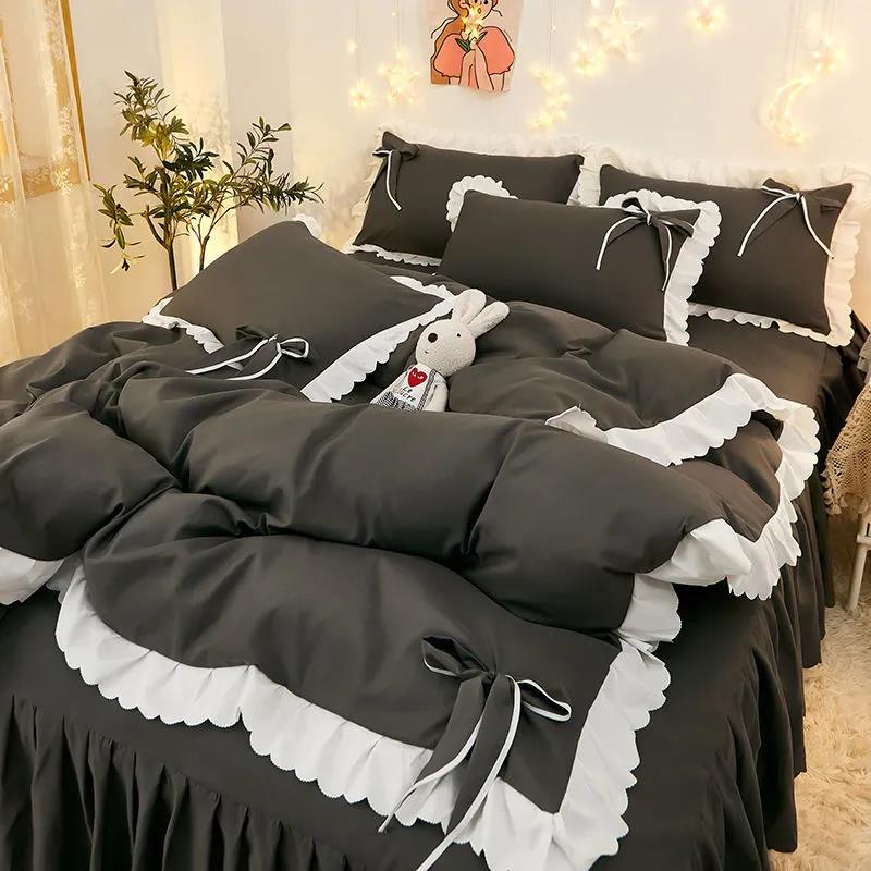 Korean Version of Solid Color Lace Bowknot Bed Skirt Four-piece Bedding Sanding Bed Linen Duvet Cover Double Bed