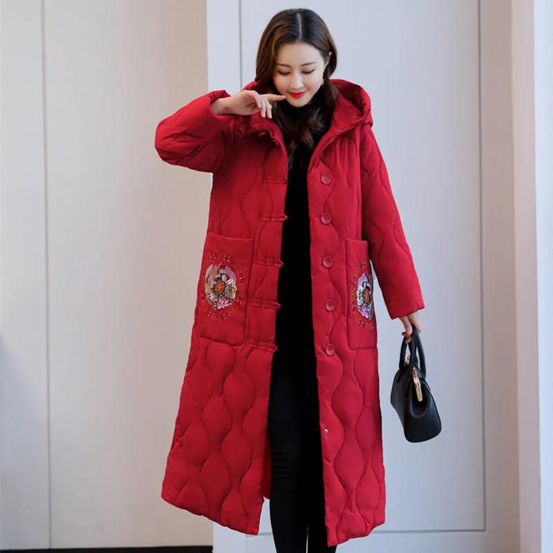 Winter Women's Down Jacket Retro Embroidery Long Cotton Jacket Thick Warmth Folk Style Over-the-knee Windbreaker Jacket