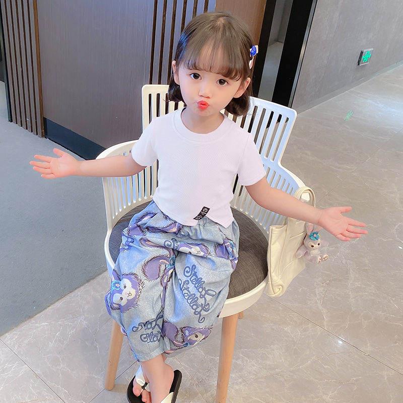 Girls Suit Breathable Summer Dress Short-sleeved Cartoon Print Casual Cute Loose Trousers Two-piece Set