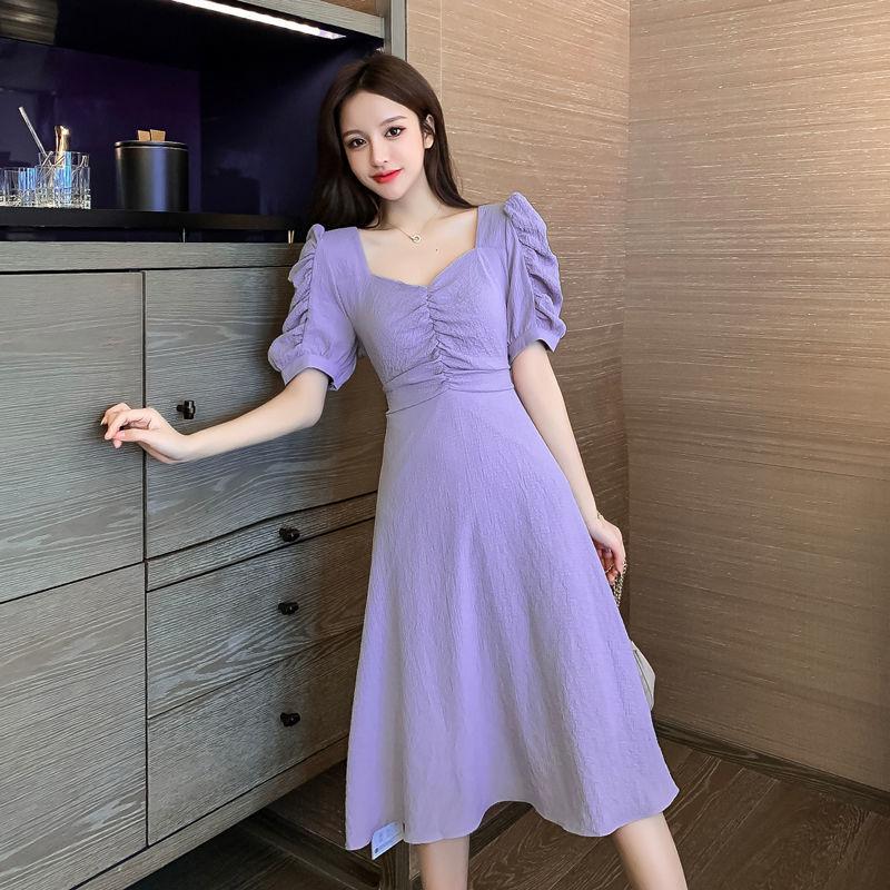 Female Simple Slim Puff Sleeve Dress Chiffon Shows Thin V-neck Soft Elegant Medium Length Party Dress