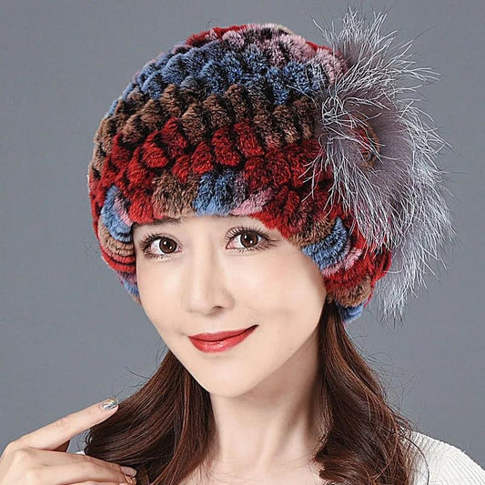 Women's Rex Rabbit Fur Hat Mother's Ear Caps Keep Warm Winter Plush Knitted Woolen Fur Hat High Quality Floral Knitting Hat Windproof Hat