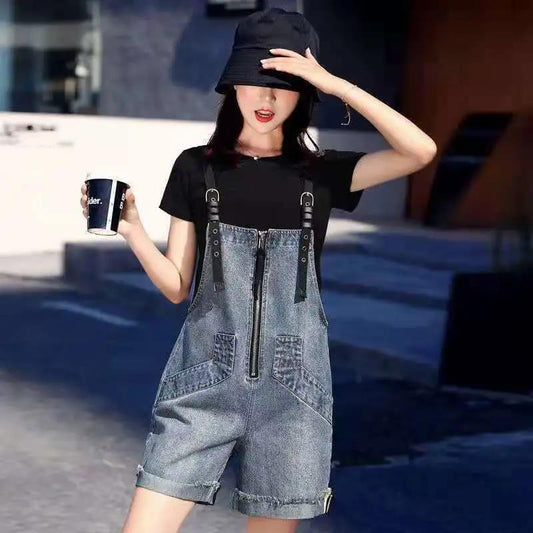 WTEMPO Summer Denim Short Jumpsuit Woman Jeans Long Romper Pants Zipper Pockets Sleeveless Adjusted