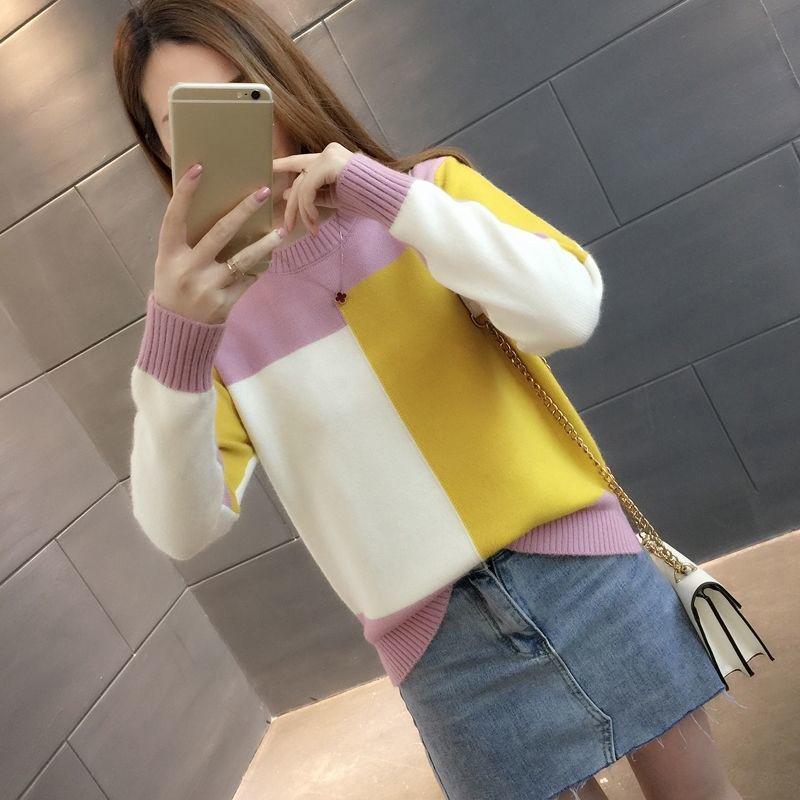 Candy-colored Knitted Bottoming Shirt Color Matching Thin Loose Blouse Plus Size Long-sleeved Sweater Women