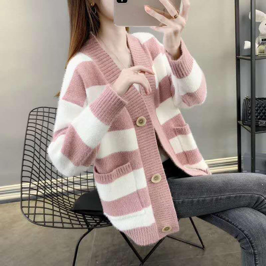 Autumn and Winter Mohair Jacket Loose-fitting Outer Wear Cardigan Jacket Striped Pattern Simple Female Jacket