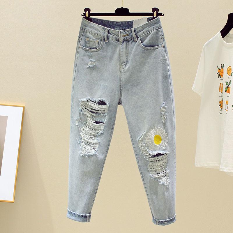 WTEMPO Flower Embroidery Women Casual High Waist Washed Ripped Jeans Solid Color Blue Harem Denim Pants