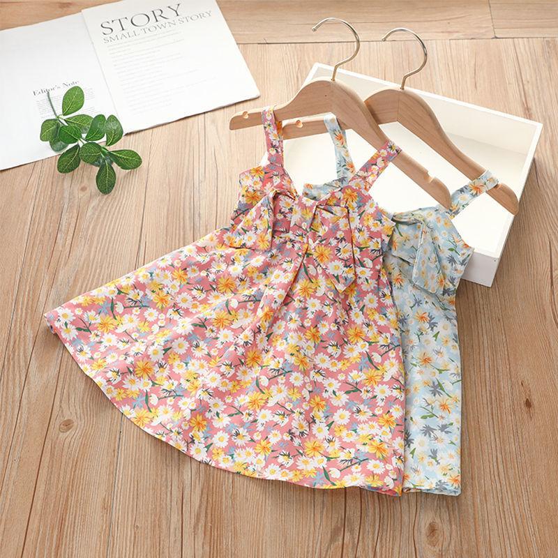 Summer Baby Girls Sling Dresses Children's Clothing Girls Sweet Lovely Polka Broken Flowers Bow Sleeveless Vest Dress