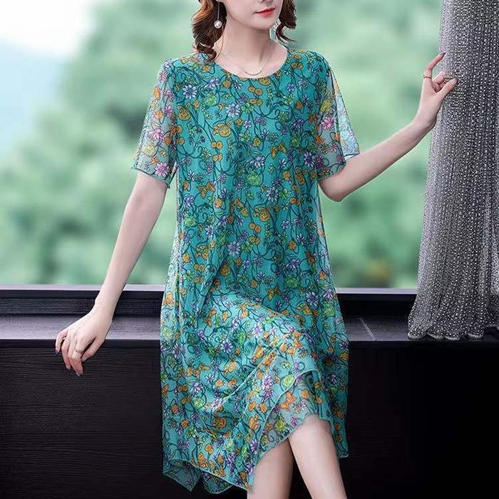 Large Size Short-sleeved Dress Women Summer Mid-length Round Neck Print Small Floral Comfort and Cool