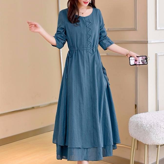 Women Autumn Winter Plus Size Dress Elegant Party Patchwor Dress Ruffle 3 Color Long Dresses