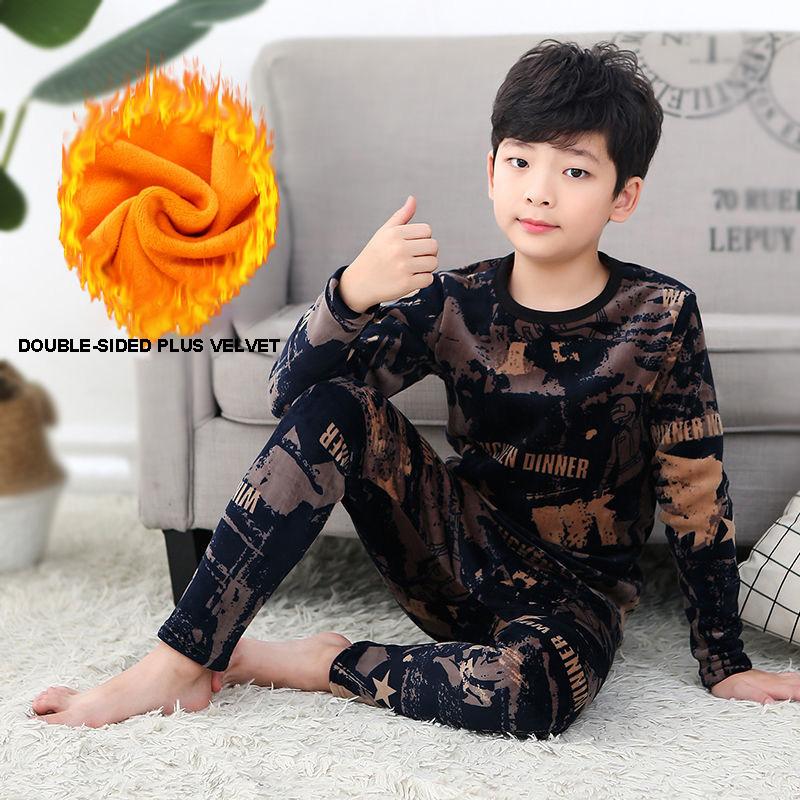 Winter Thermal Underwear Set Plus Velvet Thickened Double-sided Velvet Boys and Girls Middle and Big Kids