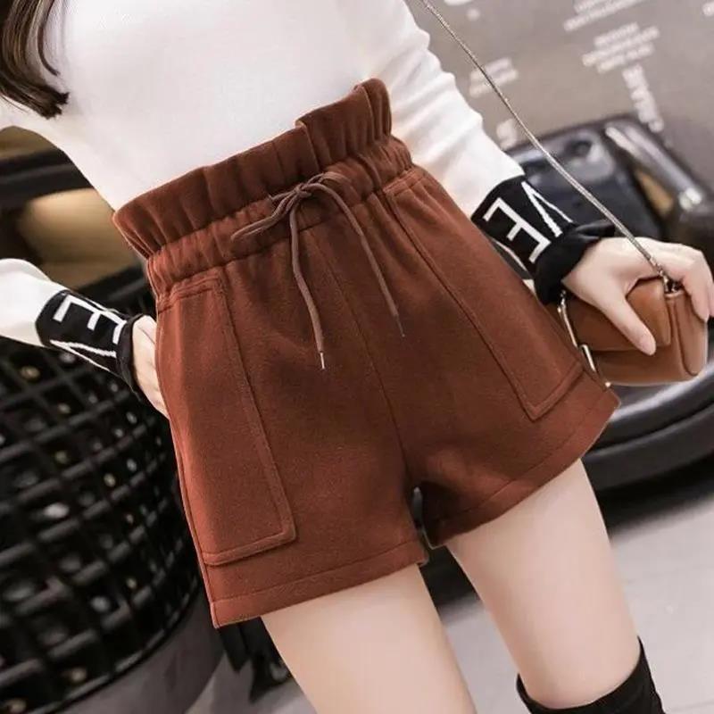 Autumn and Winter Shorts Women's Loose Large Size Elastic Waist Solid Color Base Woolen Wide-leg Pants Boots Pants Outer Wear Trend