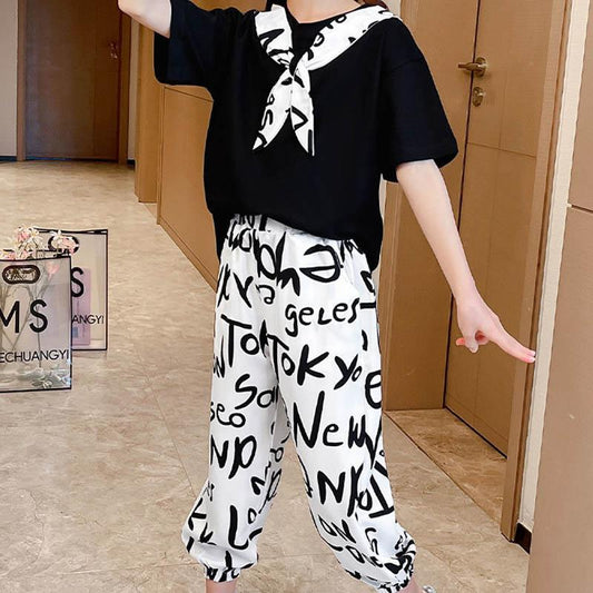 Girls Summer Suits Children's Short-sleeved Nine-point Trousers Anti-mosquito Pants Thin Comfortable and Loose Two-piece Set