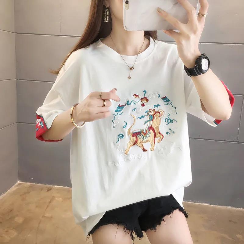 Chinese Style Embroidery Round Neck T-shirt Summer Loose Breathable Women's Tops Ladies Basic Tee Shirt