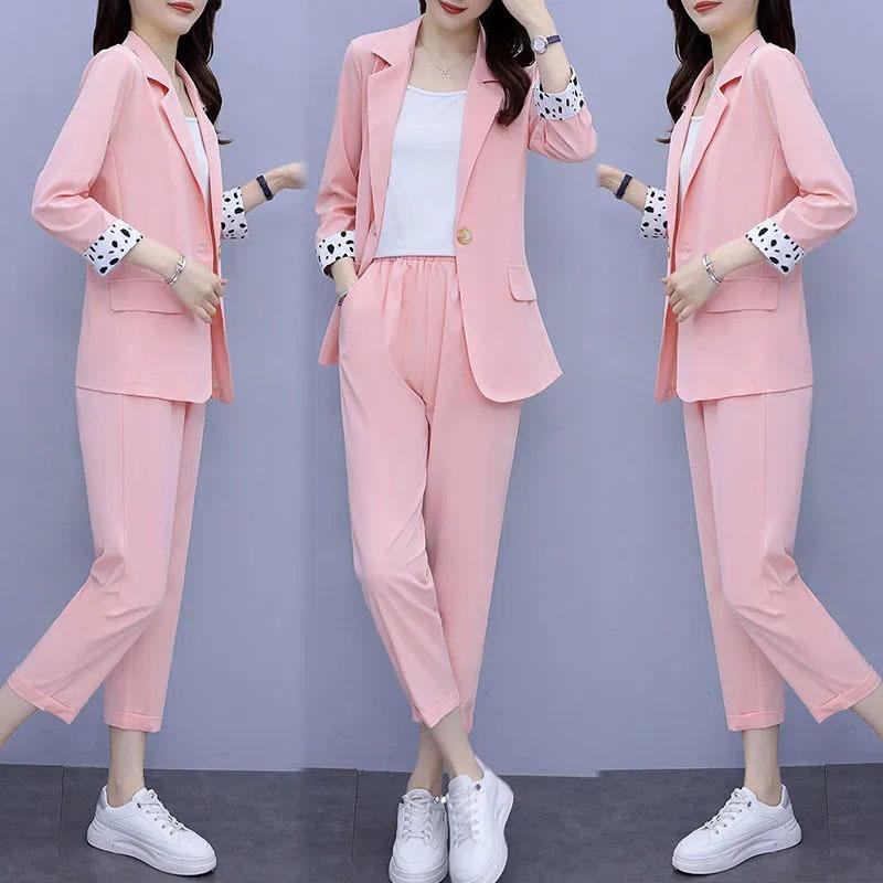 2PCS Women's Solid Color Suits Set Spring and Autumn Suit Thin Jacket + Loose Casual Pants Two-piece Large Size Fat Girl Slimming Suit