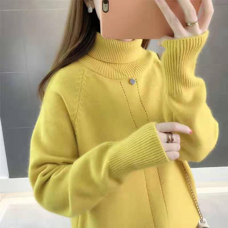 Women Solid Turtleneck Thicken Warm Pullover Sweater Loose Office Short Bottoming Shirt