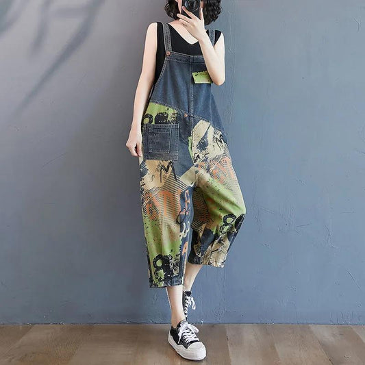 WTEMPO Street Drawing Summer Denim Jumpsuit Woman Jeans Long Romper Pants Pockets Sleeveless Overalls Trousers