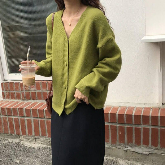 New Korean version of the loose thin long-sleeved avocado green knit sweater cardigan coat female