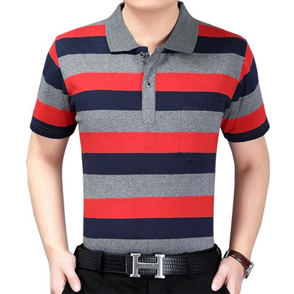 Summer Short-sleeved T-shirt Male Middle-aged Striped Dad Outfit Lapel    Shirt Loose Half-sleeved Shirt with Real Pockets