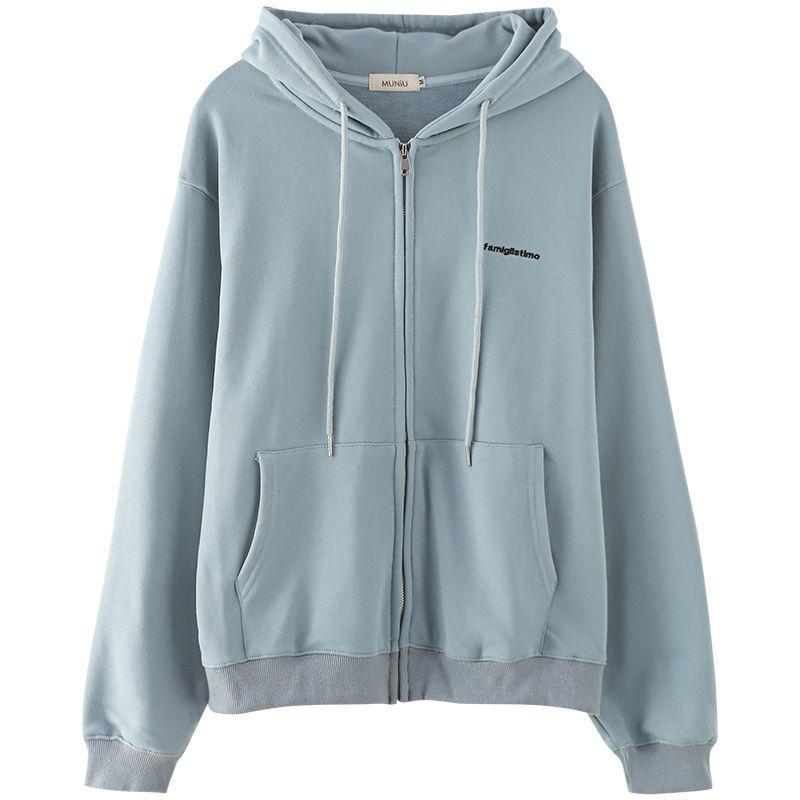 Spring and Autumn Gray Hooded Cardigan Sweater Women Korean Sports Loose All-match Casual Jacket