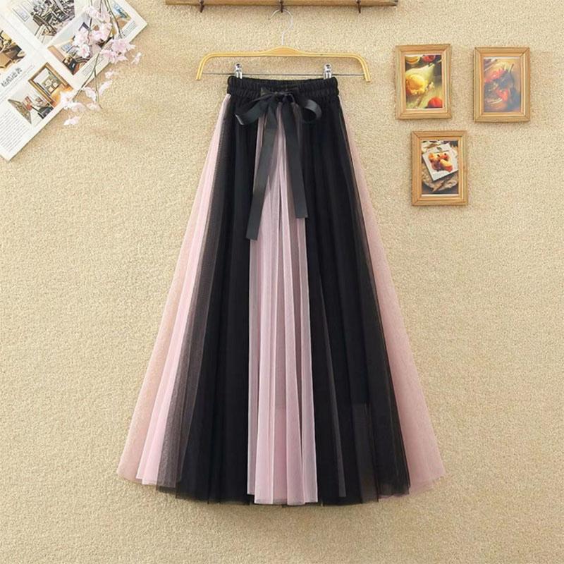 Spring and Summer Thin Two-color Stitching Fairy Tutu Skirt Mid-length Mesh Skirt A-line Small Fragrance Girl