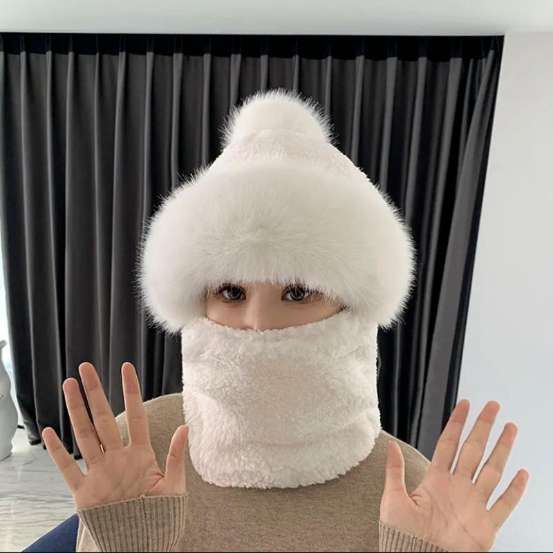 Women's Hat Autumn Winter Bib Mask Hat One Piece Ear Protection Windproof Hat Thick Warm Hat Fur Ball Cap Outdoor Riding Sports Facial Scarf Hats