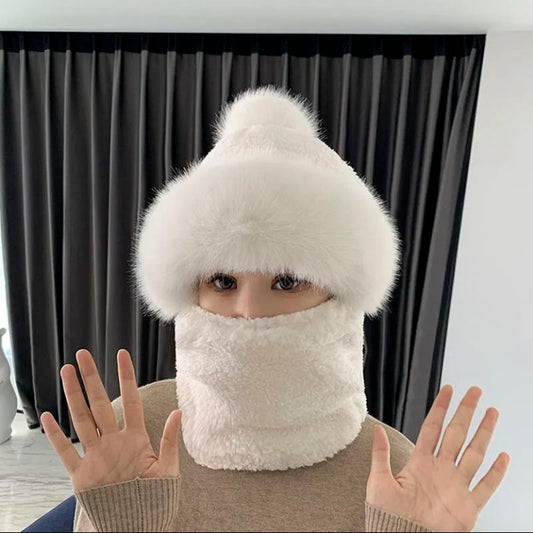 Women's Hat Autumn Winter Bib Mask Hat One Piece Ear Protection Windproof Hat Thick Warm Hat Fur Ball Cap Outdoor Riding Sports Facial Scarf Hats