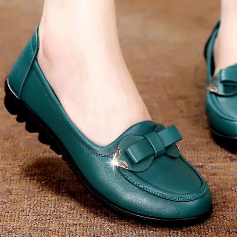 Leather Shoes Bow Shallow Mouth Women's Shoes Middle-aged and Elderly Flat Non-slip Single Shoes Women's Leather Shoes