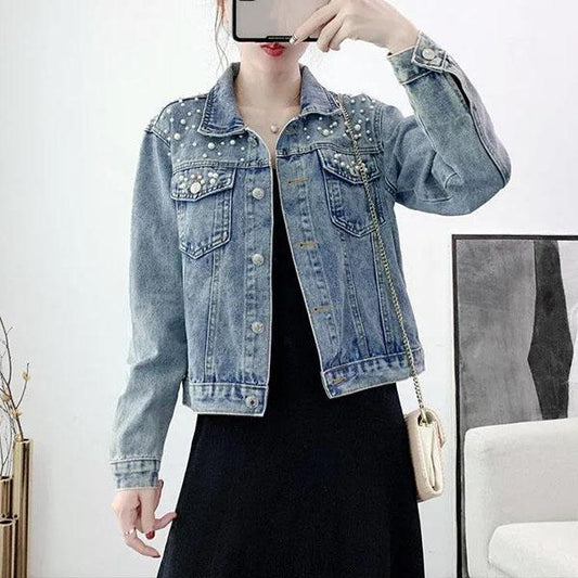 Women's Autumn Large Size Denim Jacket Full Sleeve Loose Button Pearls Short Lapel Casual Denim Coat