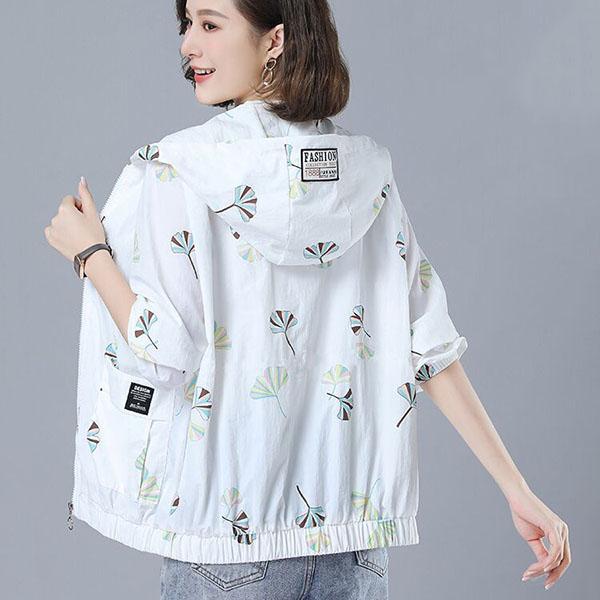 Women's Spring Summer Plus Size Loose Thin Coats Autumn Long Sleeve Print Hooded Sun Protection Jackets