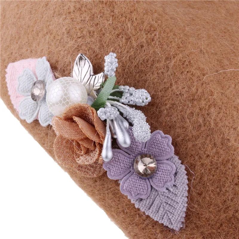 Retro Flower Beret Women's Elegant Wool Blend Artist Painter Hat Autumn Winter Beret Adjustable All Match Top Hat