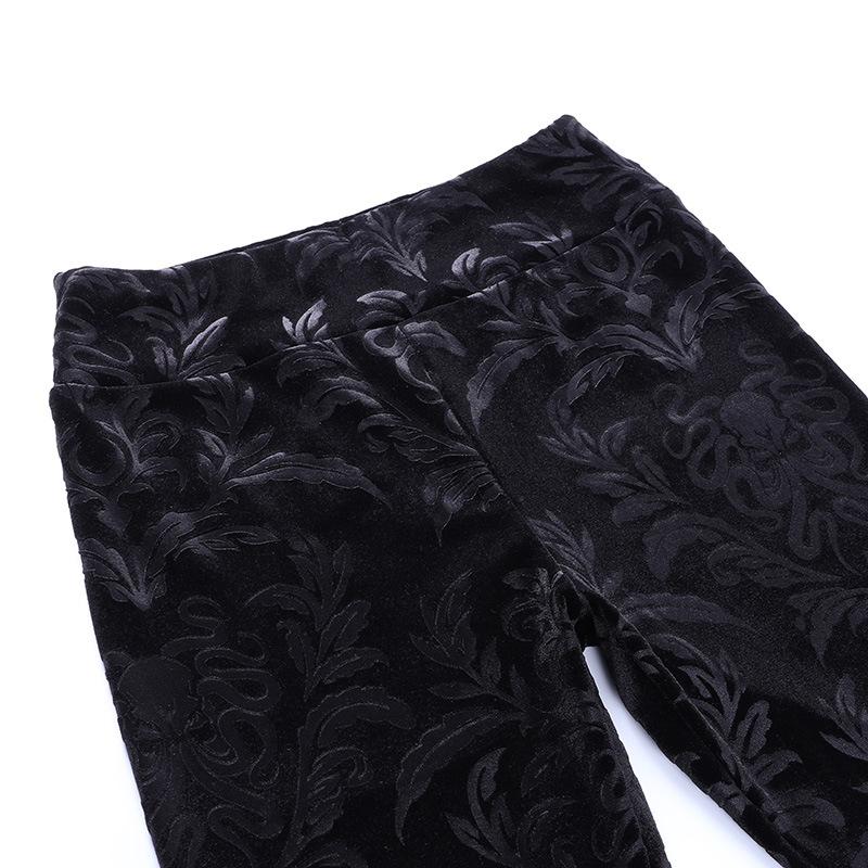 Dark Gothic Slim Fleece Legging Women Sexy Black Suede Embossing Long Skinny Legging Goth Indie Big Flower Printed Bottoms