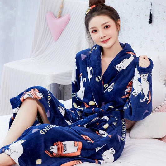 Leopard Print Ladies Pajamas Quick-drying Bathrobe Winter Cashmere Warm Home Clothes Homewear Robe Coat  Long