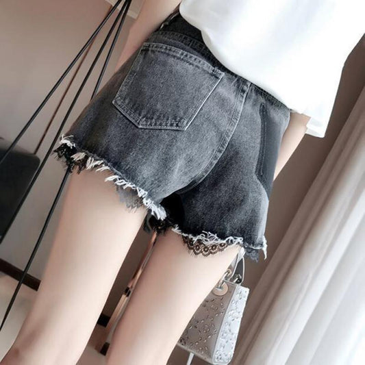 WTEMPO Denim Shorts Women High Waist Summer Thin Section Was Thin Hole Trousers Beaded Lace Wide Leg Pants