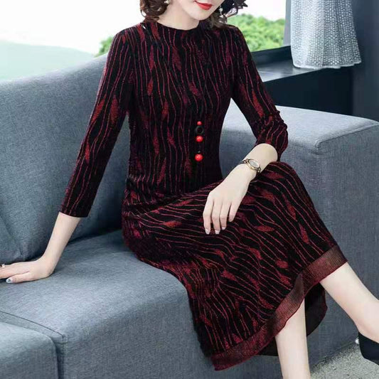 Fashion Women's Clothing Jacquard Patchwork Loose Dress Long Sleeves Dresses Female