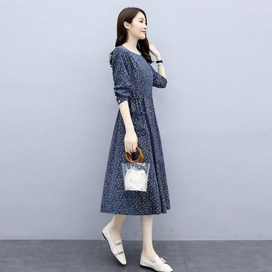 Women's Long-sleeved Round Neck Mid-length Dress Ethnic Style Thin Large-size Floral Mid-length Dress Female with Pockets for Hand In