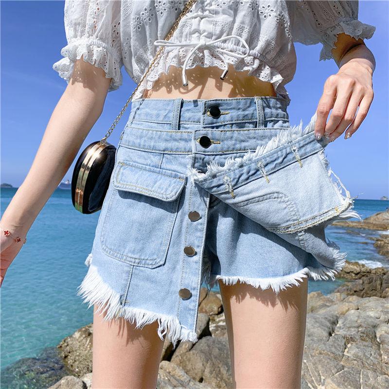 WTEMPO Oversized Denim Shorts Female High-waisted Edging Students Fake Two-piece Wide-leg Pants Women