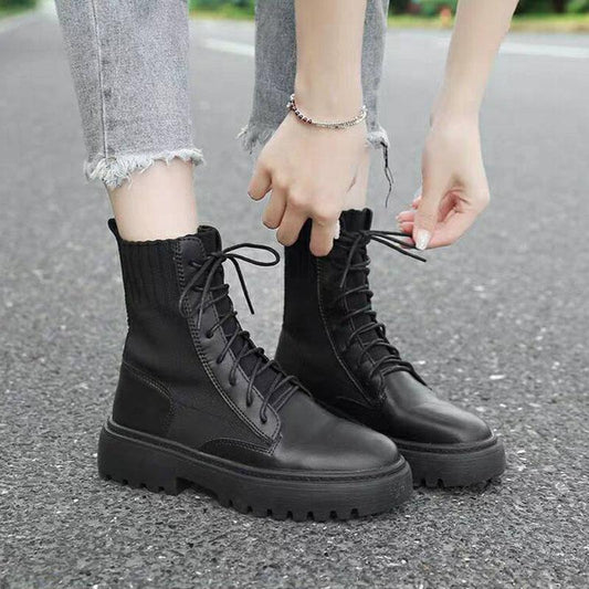 Spring and Autumn British Style Martin Plush Boots for Female Students Korean Version of The Wild Thick-soled Front Lace-up Motorcycle Boots